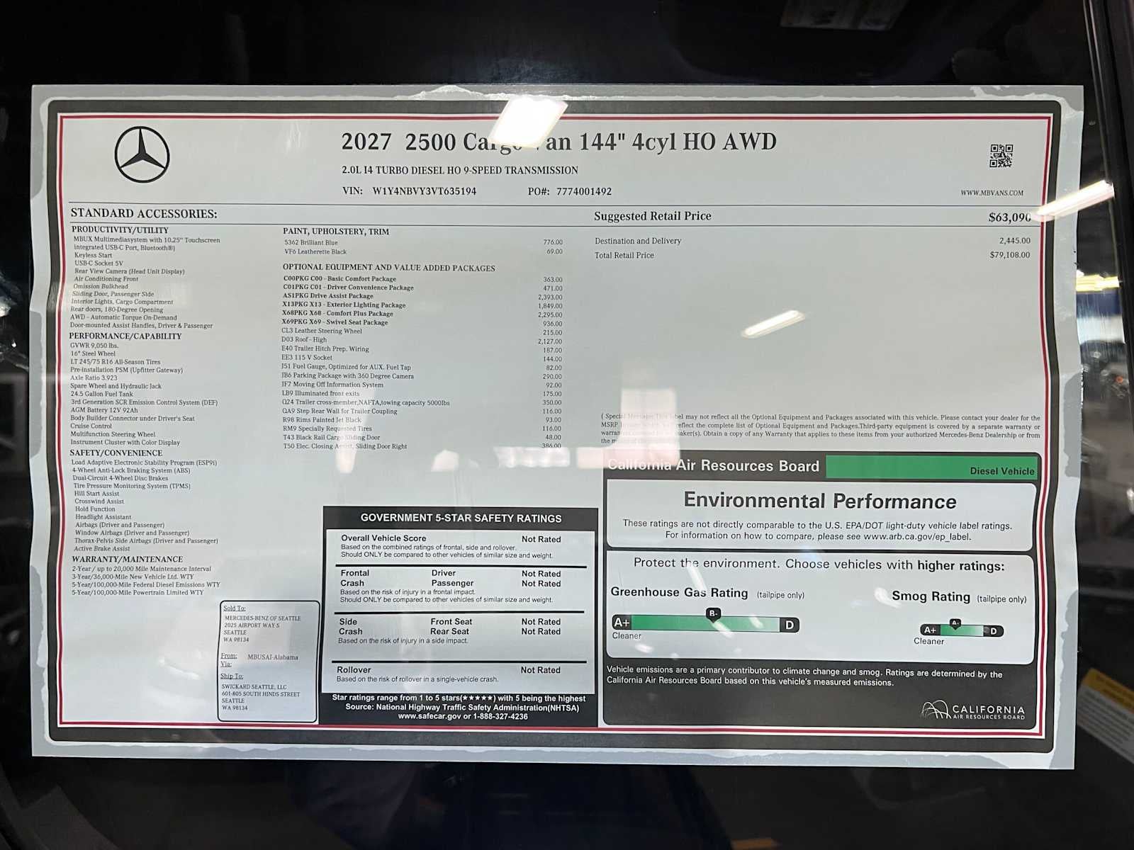 2027 Mercedes-Benz Sprinter Cargo 2500 Standard Roof I4 Diesel HO 144 AWD
