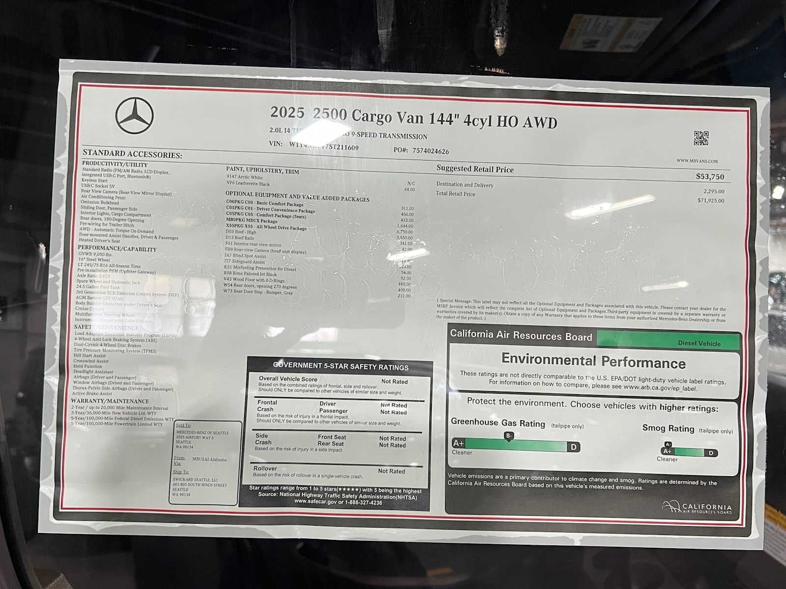 2025 Mercedes-Benz Sprinter Cargo 2500 Standard Roof I4 Diesel HO 144 AWD