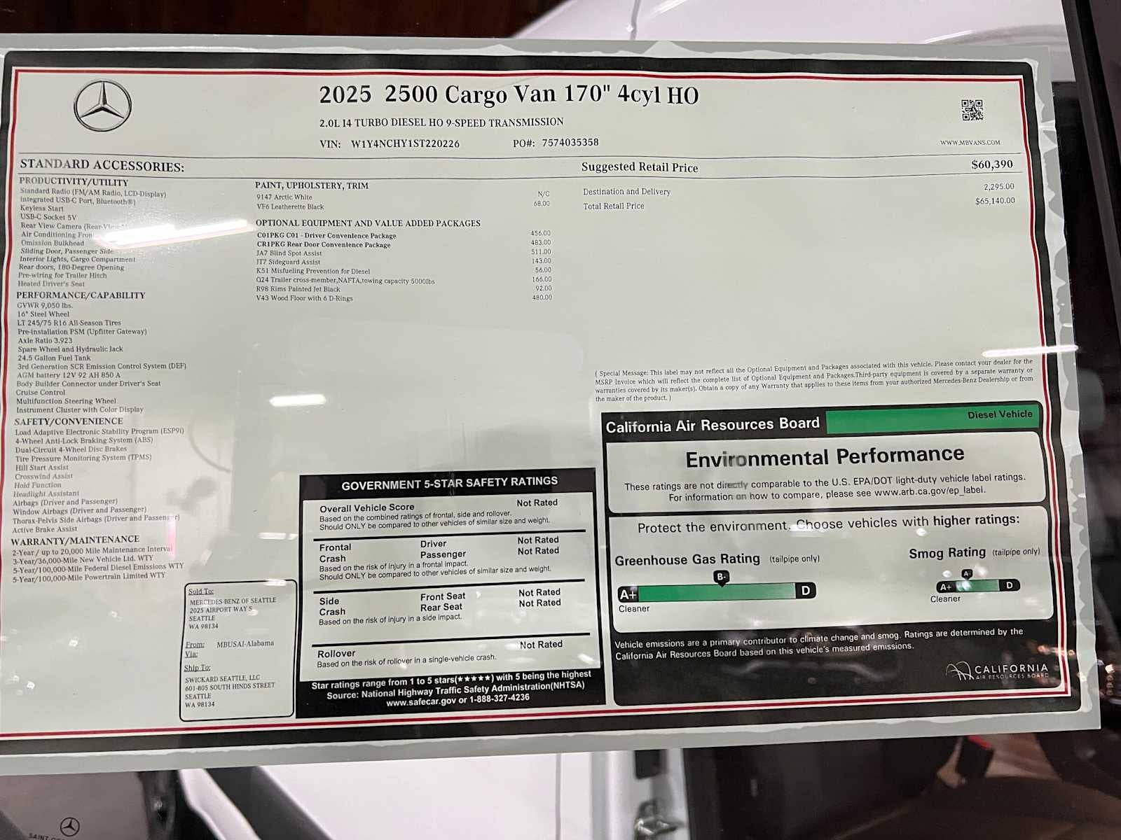 2025 Mercedes-Benz Sprinter Cargo Van 2500 High Roof I4 Diesel HO 170 RWD