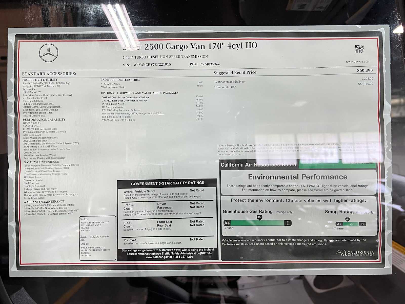 2025 Mercedes-Benz Sprinter Cargo Van 2500 High Roof I4 Diesel HO 170 RWD