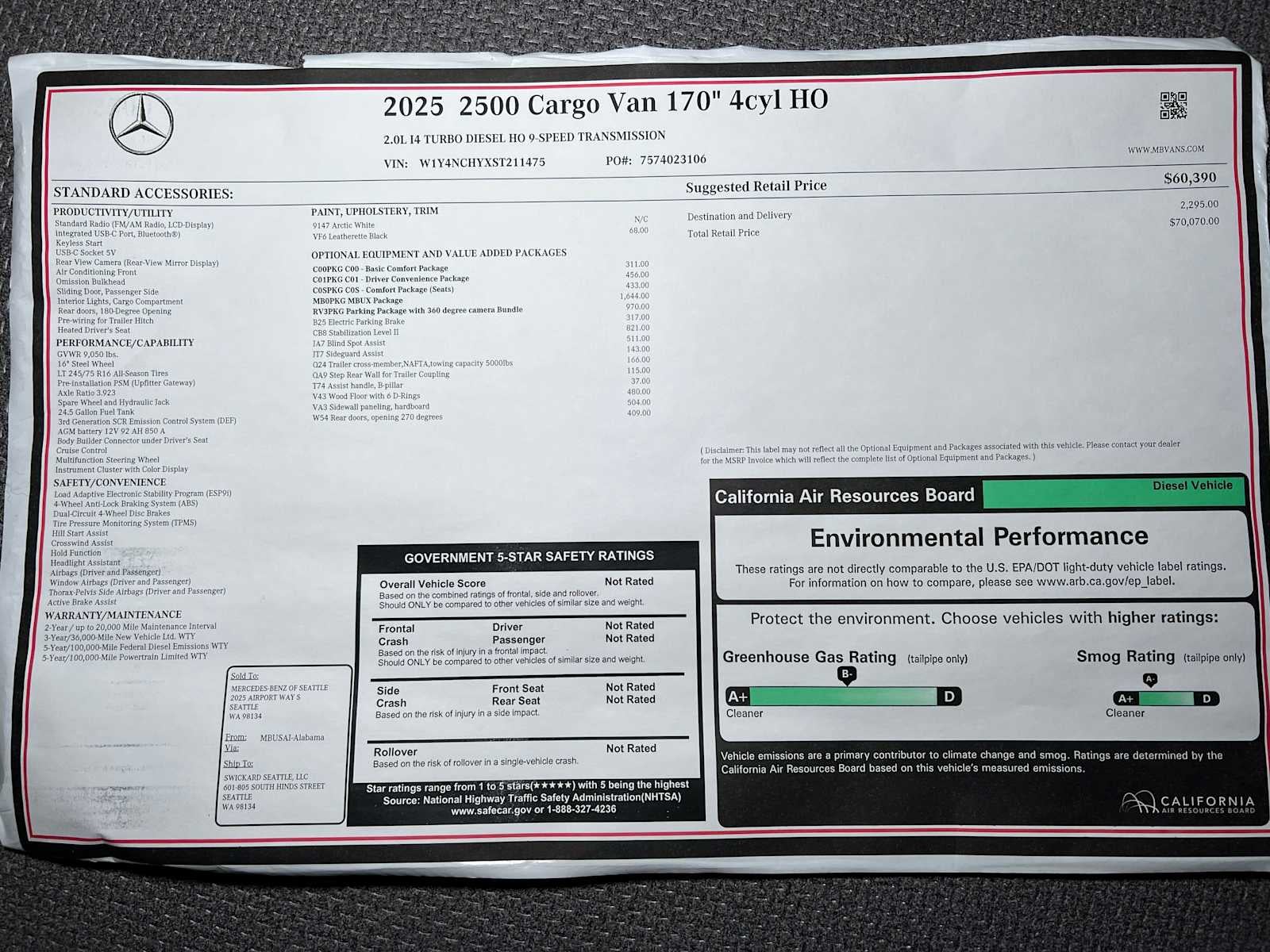 2025 Mercedes-Benz Sprinter Cargo Van 2500 High Roof I4 Diesel HO 170" RWD