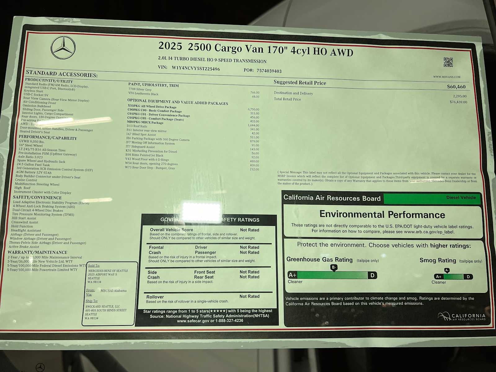 2025 Mercedes-Benz Sprinter Cargo Van 2500 High Roof I4 Diesel HO 170 AWD