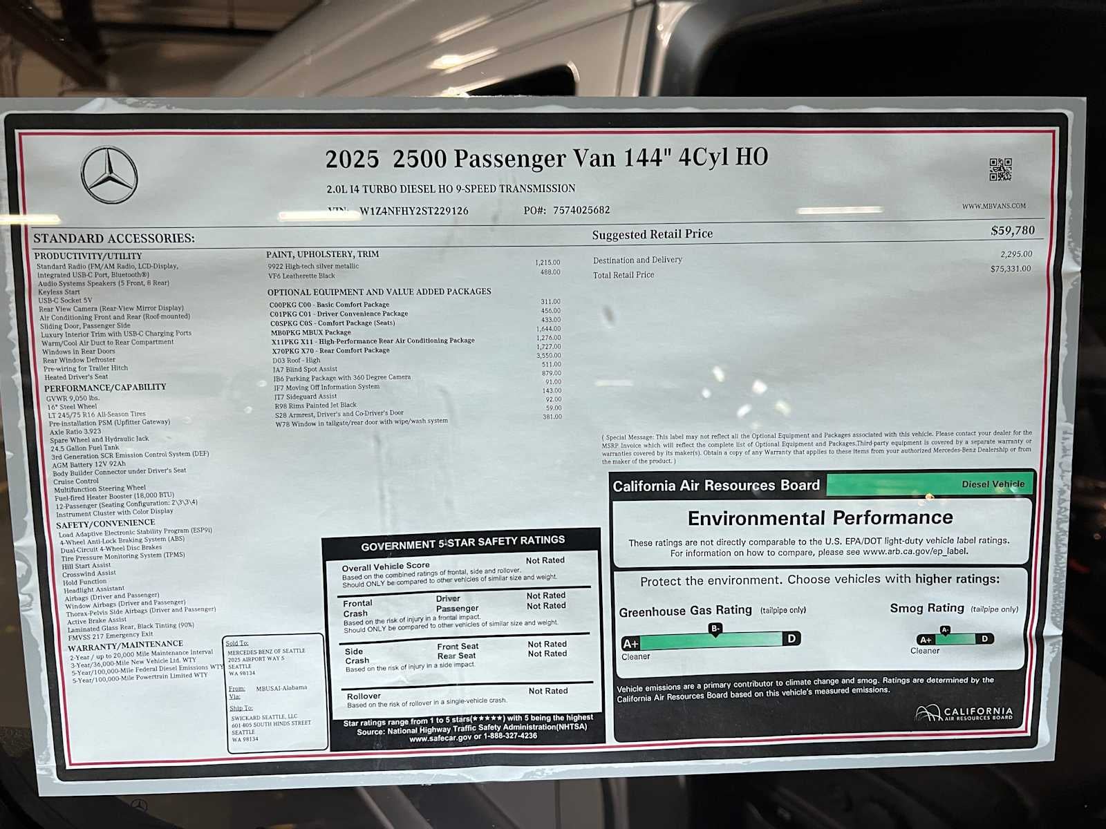 2025 Mercedes-Benz Sprinter Passenger Van 2500 Standard Roof I4 Diesel HO 144" RWD