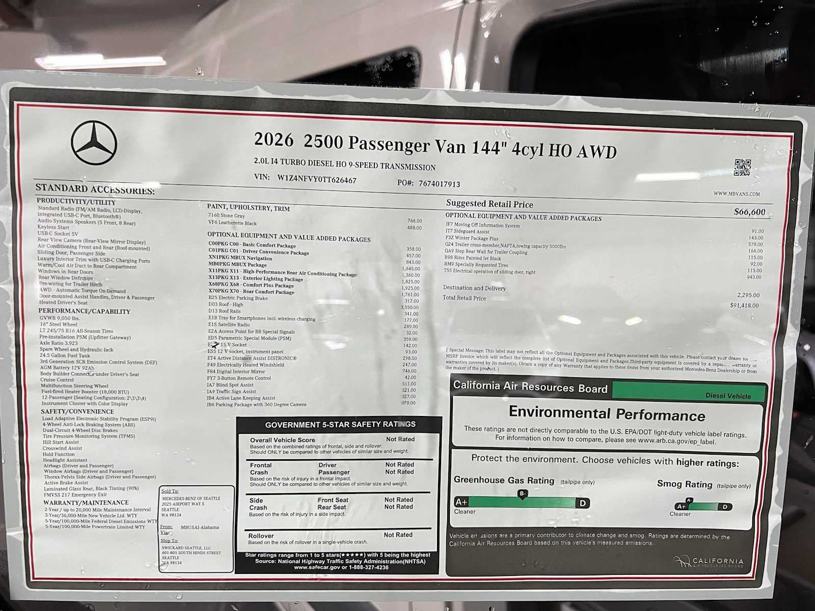 2026 Mercedes-Benz Sprinter Passenger Van 2500 Standard Roof I4 Diesel HO 144 AWD