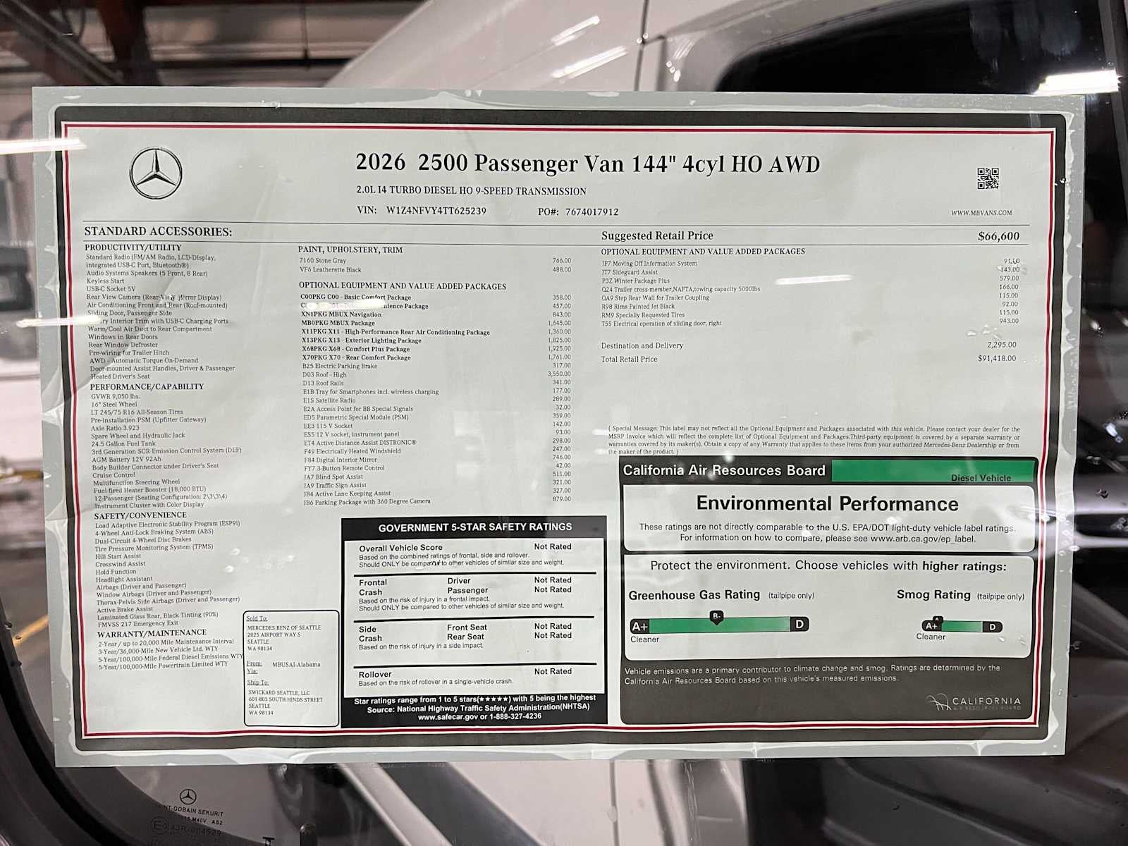 2026 Mercedes-Benz Sprinter Passenger Van 2500 Standard Roof I4 Diesel HO 144 AWD
