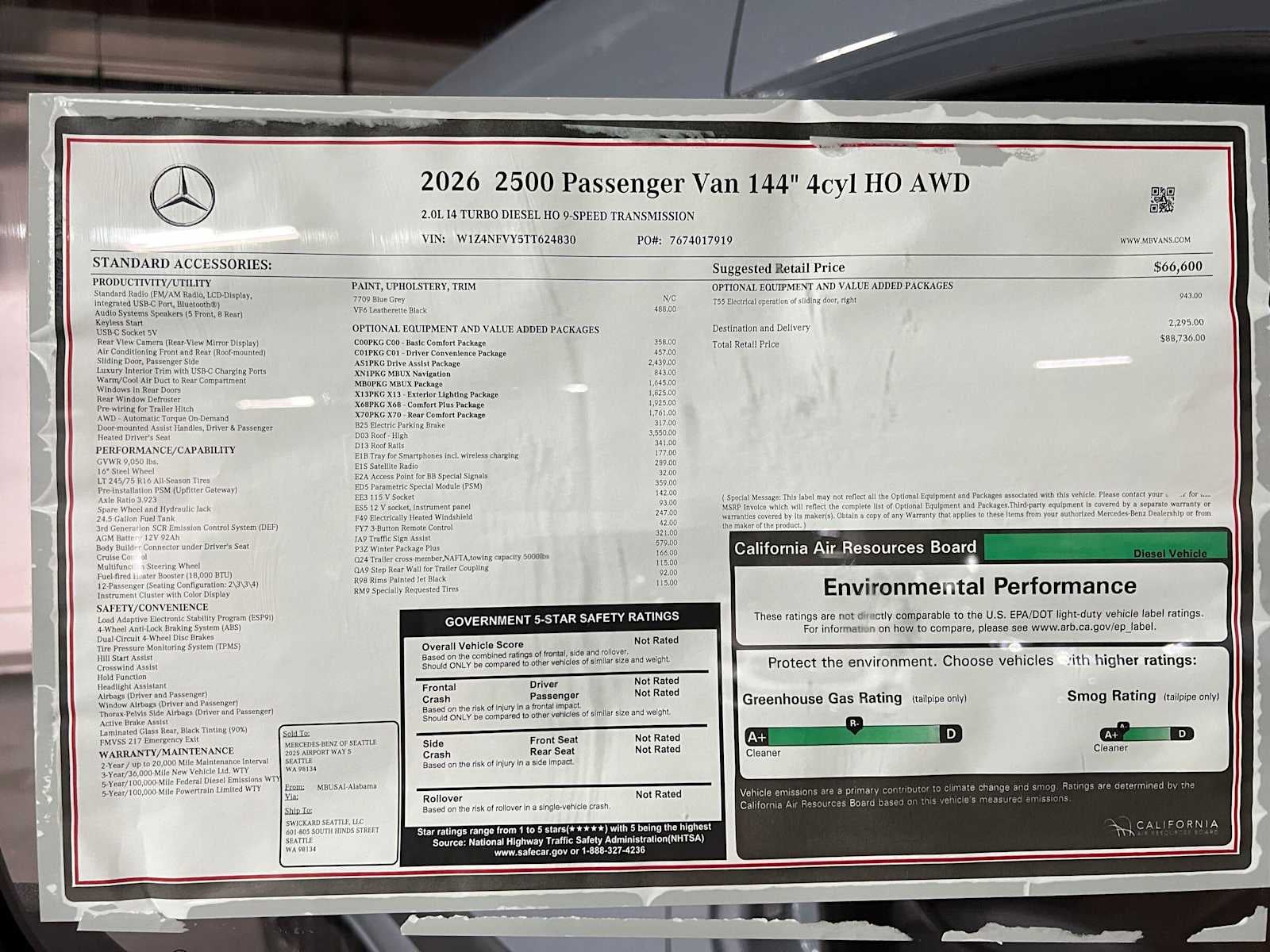 2026 Mercedes-Benz Sprinter Passenger Van 2500 Standard Roof I4 Diesel HO 144 AWD