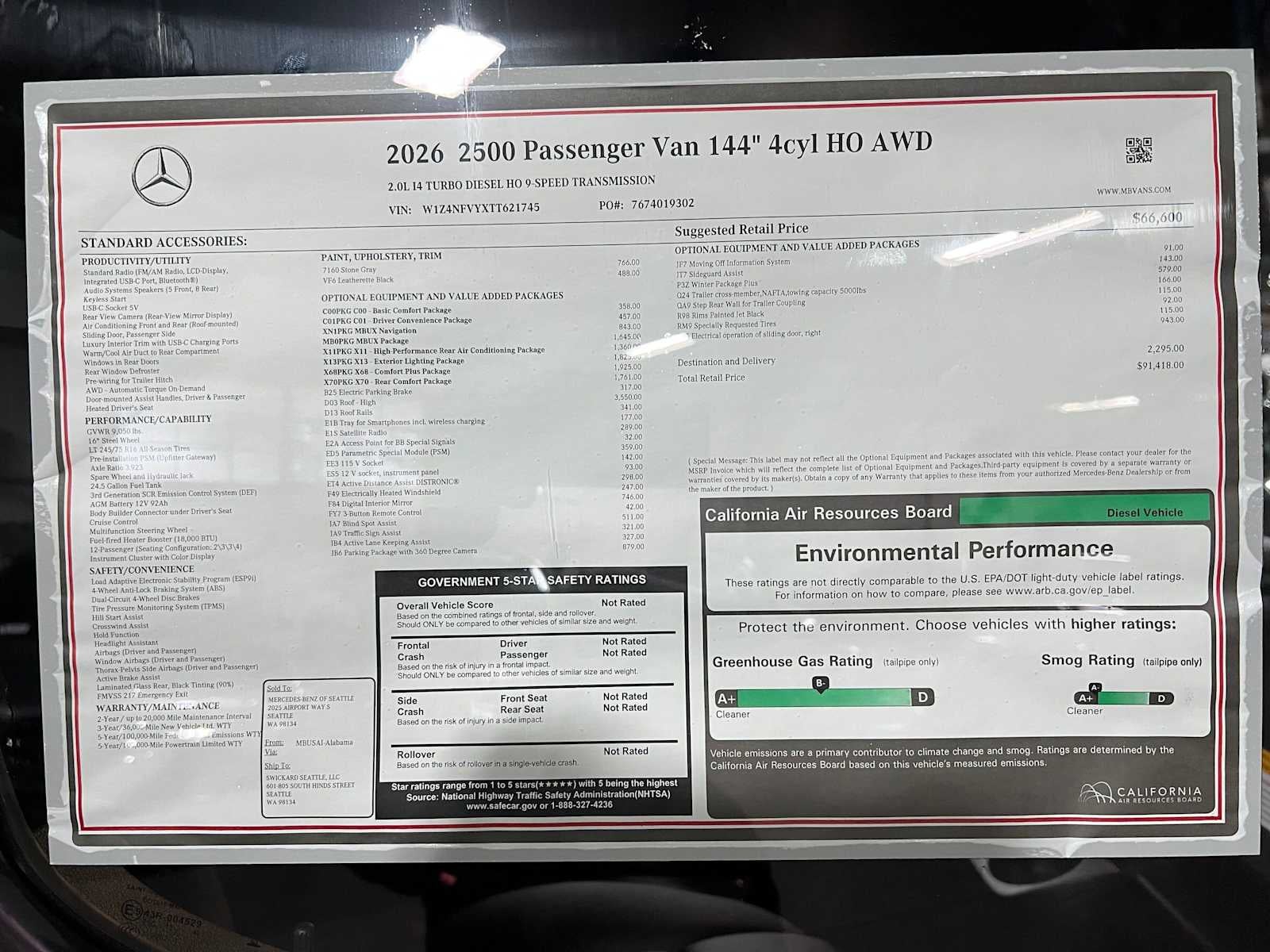 2026 Mercedes-Benz Sprinter Passenger Van 2500 Standard Roof I4 Diesel HO 144 AWD