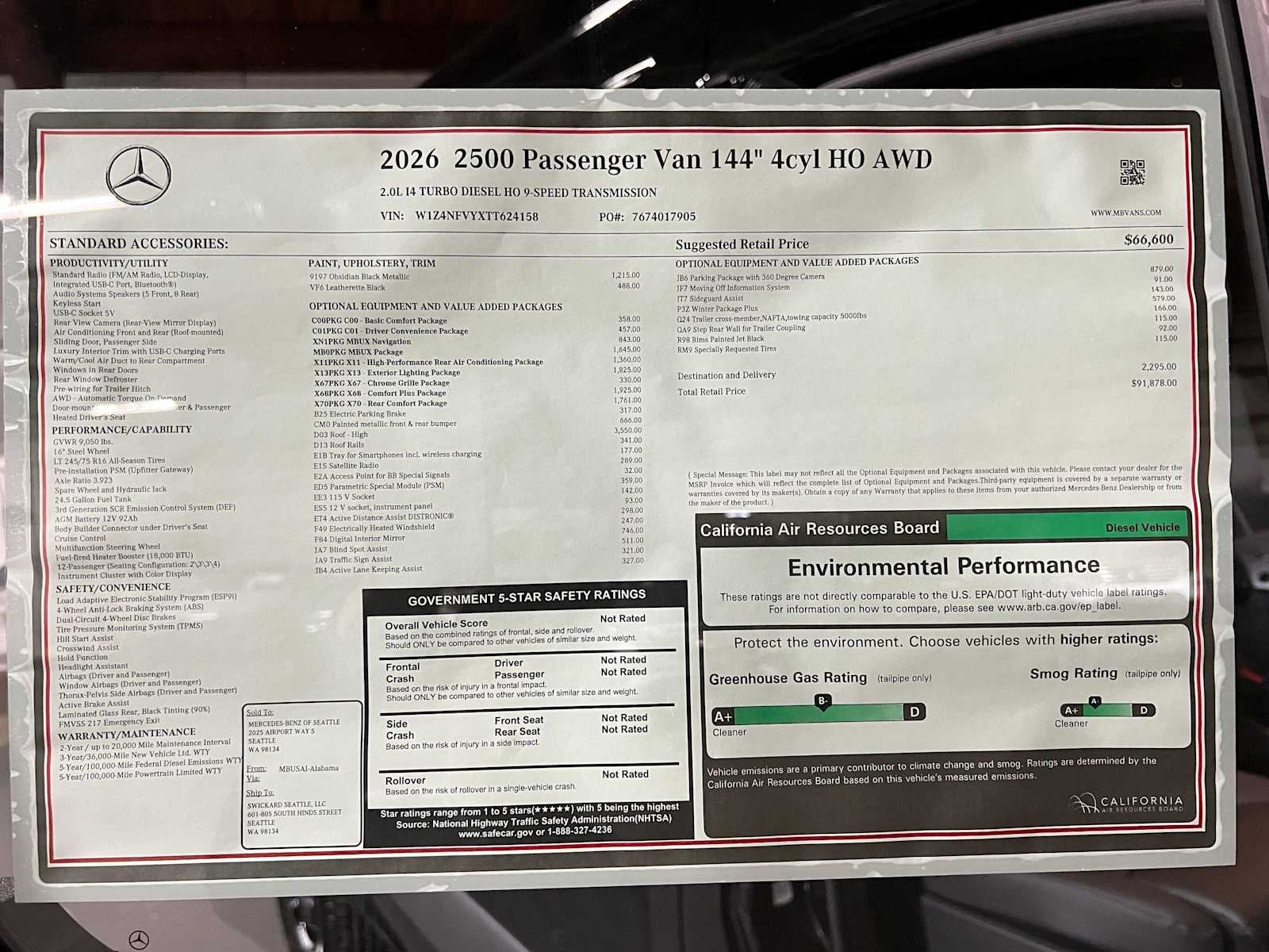 2026 Mercedes-Benz Sprinter Passenger Van 2500 Standard Roof I4 Diesel HO 144 AWD