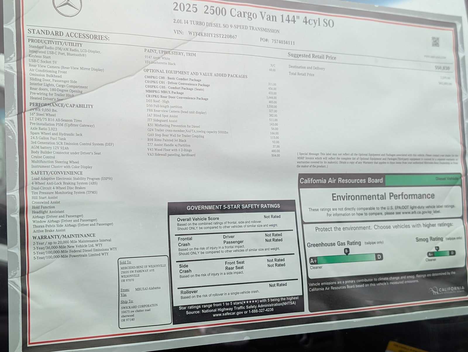 2025 Mercedes-Benz Sprinter Cargo Van 2500 Standard Roof I4 Diesel 144" RWD