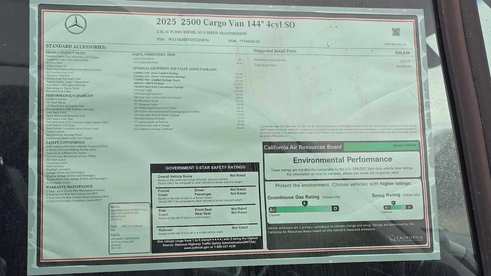 2025 Mercedes-Benz Sprinter Cargo Van 2500 Standard Roof I4 Diesel 144" RWD