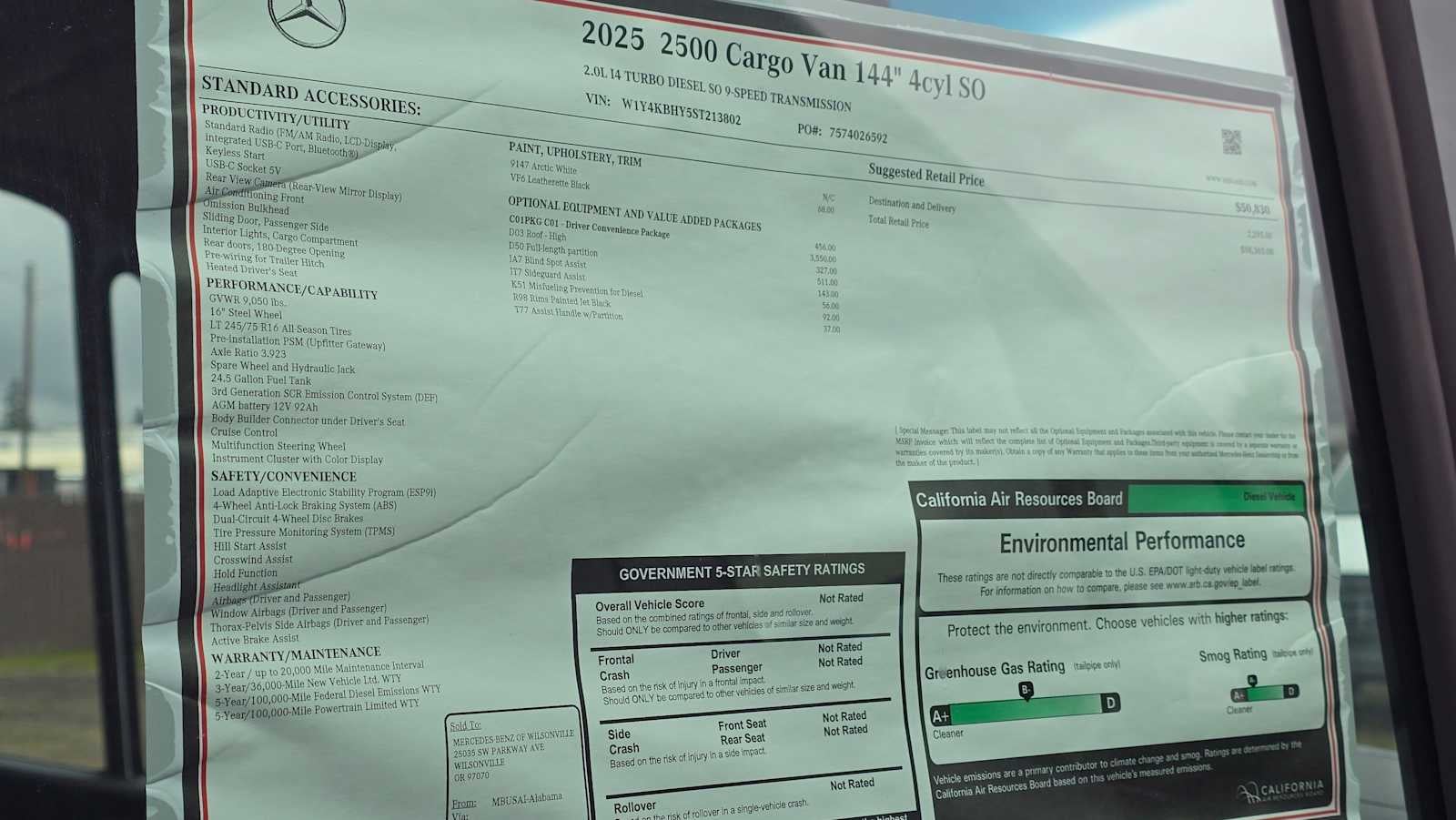 2025 Mercedes-Benz Sprinter Cargo Van 2500 Standard Roof I4 Diesel 144" RWD