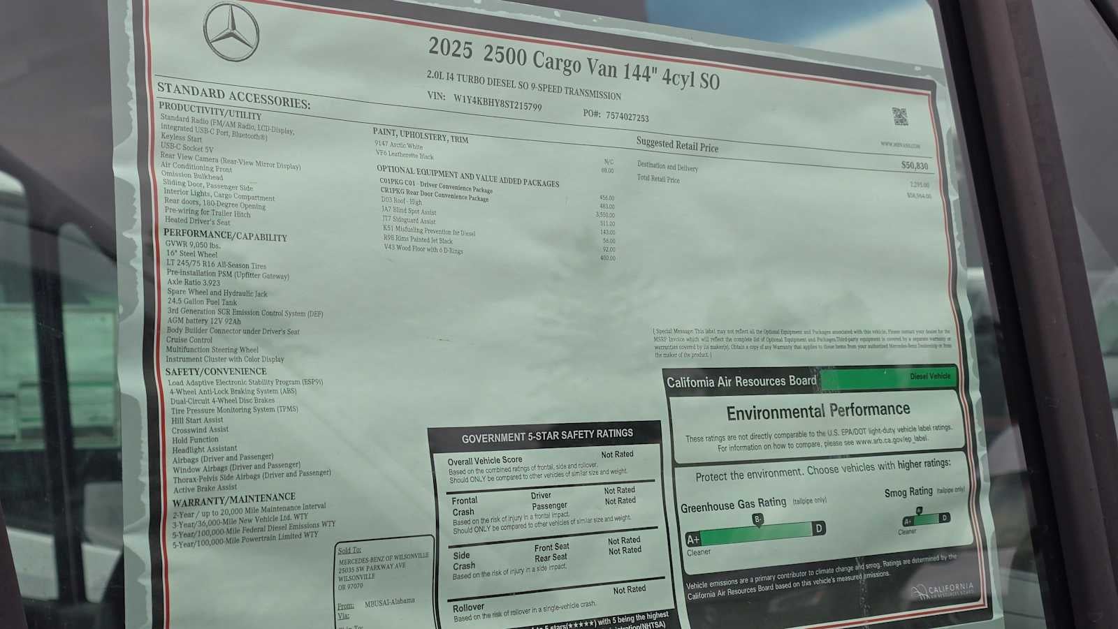 2025 Mercedes-Benz Sprinter Cargo Van 2500 Standard Roof I4 Diesel 144" RWD