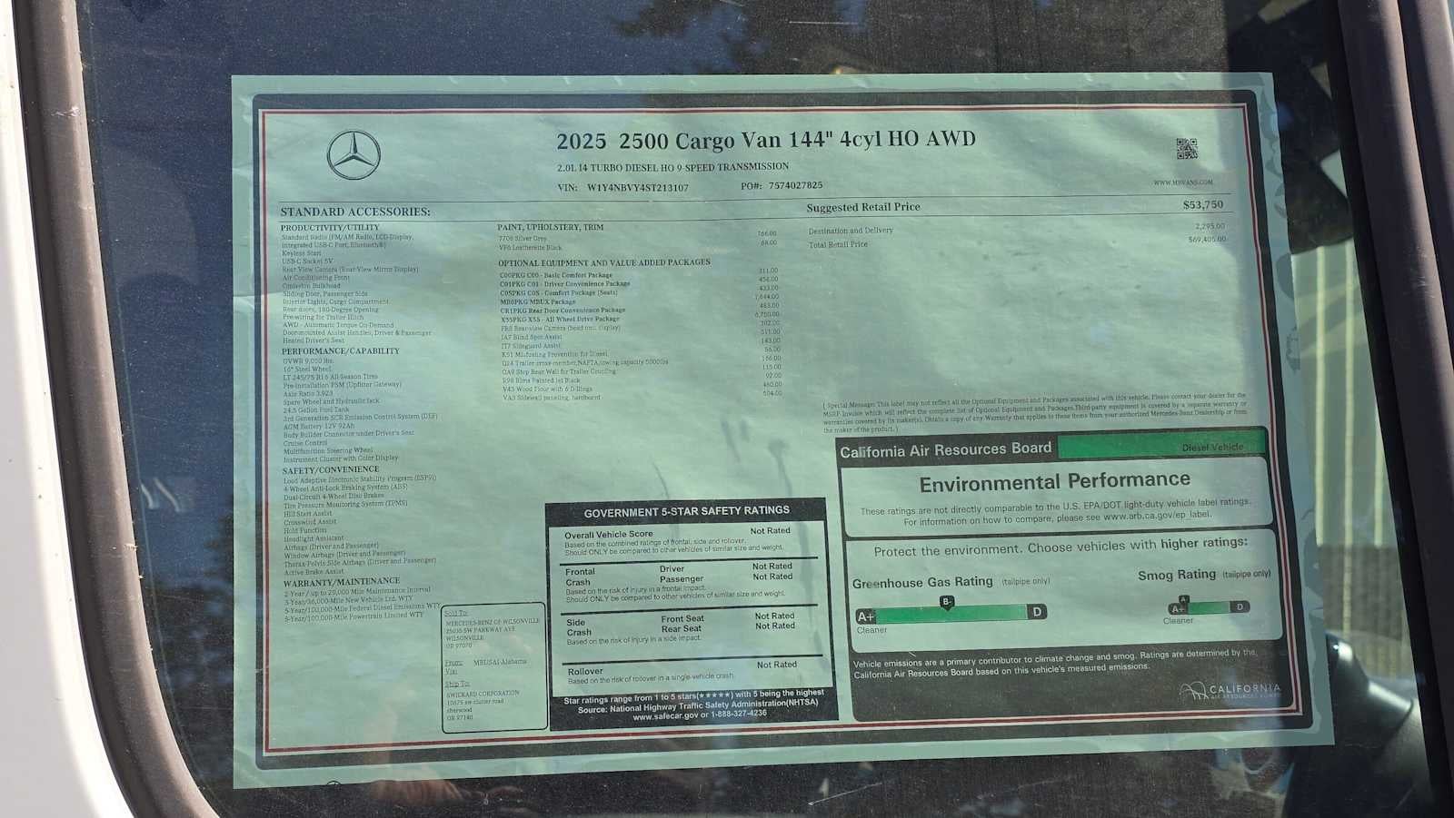 2025 Mercedes-Benz Sprinter Cargo Van 2500 Standard Roof I4 Diesel HO 144 AWD